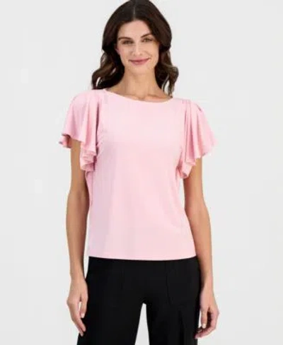Anne Klein Womens Crewneck Cascade Flutter Sleeve Top In Pink