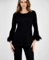 Anne Klein Womens Crewneck Feather Trim Cuff Sweater P Xxs 3x In Black