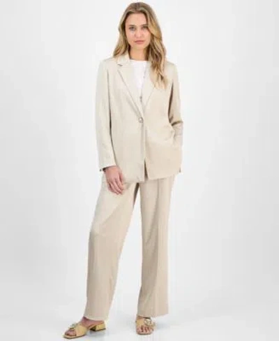 Anne Klein Womens Crinkled Satin Notched Collar One Button Jacket Wide Leg Pants In Canvas
