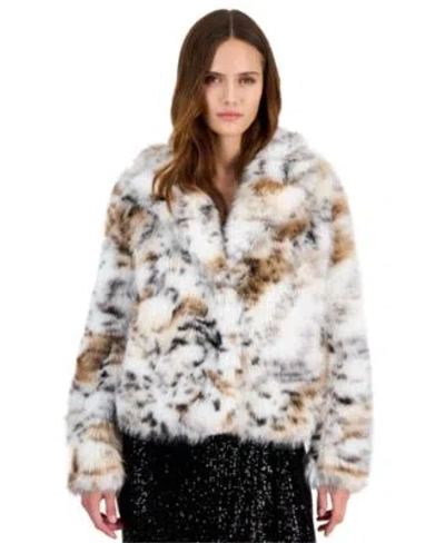 Anne Klein Womens Cropped Animal Print Faux Fur Jacket In Multi