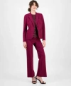 Anne Klein Womens Double Button Triple Pocket Peak Lapel Jacket Sequined Short Sleeve Triple Mesh Top Solid Wid In Burgundy