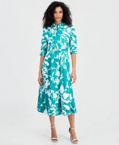 Anne Klein Womens Elbow Sleeve Waist Tuck Midi Shirtdress In Blue