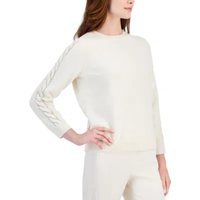 Anne Klein Womens Embellished Knit Crewneck Sweater In Beige
