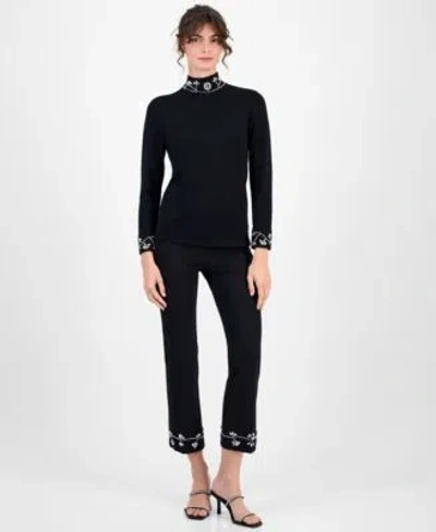 Anne Klein Womens Embellished Mock Neck Sweater Embellished Pull On Kick Flare Pants In White