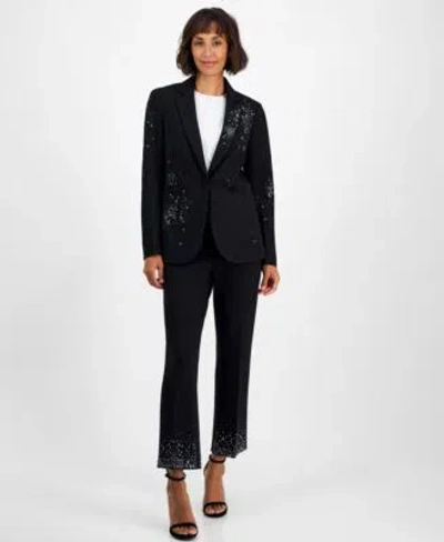 Anne Klein Womens Embellished One Button Jacket Embellished Mid Rise Capri Pants In Black
