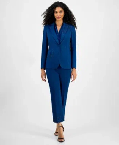 Anne Klein Womens Embellished One Button Jacket Shirred Surplice Neck Sleeveless Top Embellished Mid Rise Capri