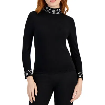 Anne Klein Womens Embellished Viscose Mock Turtleneck Sweater In Black