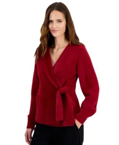 Anne Klein Womens Eyelash Faux Wrap V Neck Long Sleeve Sweater In Brown