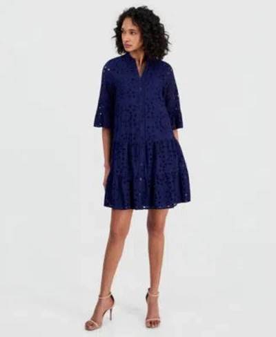 Anne Klein Womens Eyelet Embroidered Cotton Flare Sleeve Shirtdress In Blue