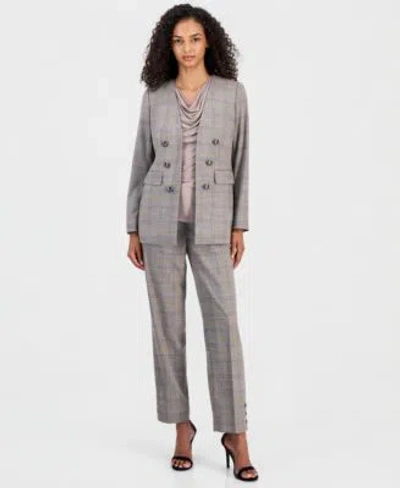 Anne Klein Womens Faux Double Breasted Jacket Pleated Cowl Neck Sleeveless Top Mid Rise Straight Leg Ankle Pant In Gray