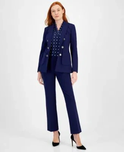 Anne Klein Womens Faux Double Breasted Jacket Pleated Top Pull On Pants In Anne Black