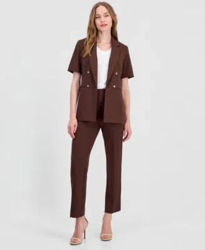 Anne Klein Womens Faux Double Breasted Short Sleeve Jacket Stretch Crepe Hollywood Waist Straight Ankle Pants In Brown