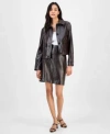 Anne Klein Womens Faux Leather Front Button Jacket Faux Leather Mini Skirt In Black