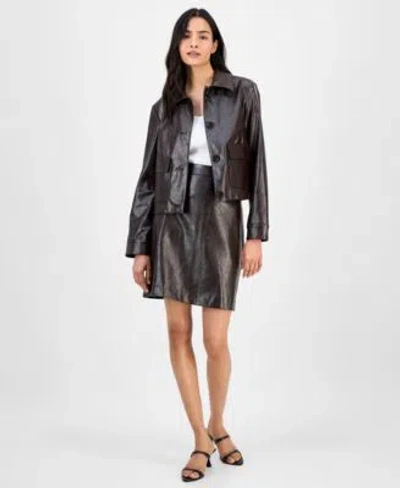 Anne Klein Womens Faux Leather Front Button Jacket Faux Leather Mini Skirt In Black