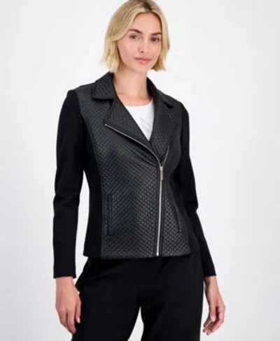 Anne Klein Womens Faux Leather Moto Jacket In Anne Black