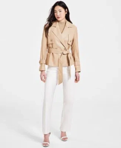 Anne Klein Womens Faux Leather Trench Jacket Mock Neck Sweater Straight Leg Pants In Coffee Cream