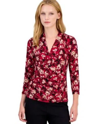 Anne Klein Womens Faux Wrap 3 4 Sleeve V Neck Blouse In Multi