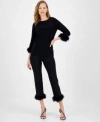 Anne Klein Womens Feather Trim 3 4 Sleeve Top Hollywood Waist Pull On Feather Trim Pants In Anne Black