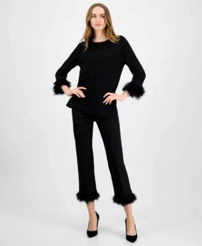ANNE KLEIN WOMENS FEATHER TRIM 3 4 SLEEVE TOP HOLLYWOOD WAIST PULL ON FEATHER TRIM PANTS