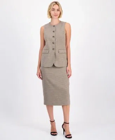 Anne Klein Womens Five Button Crewneck Vest Houndstooth Pencil Skirt In Natural Clay Multi