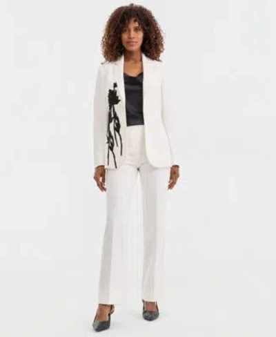 Anne Klein Womens Floral Applique One Button Jacket Mid Rise Pull On Straight Pants In White