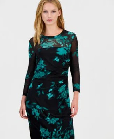 Anne Klein Womens Floral Long Sleeve Mesh Midi Dress In Green