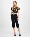 Anne Klein Womens Floral Print Cowlneck Short Sleeve Blouse Belted Pedal Pusher Urban Stretch Pull On Capri Pan In Black