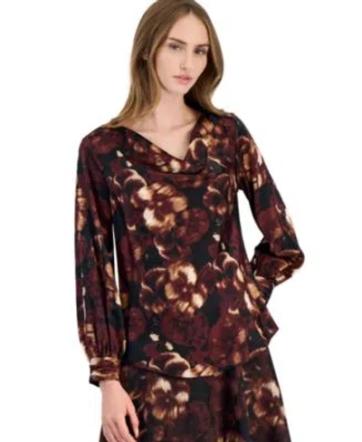 Anne Klein Womens Floral Print Long Sleeve Drape Neck Blouse In Multi
