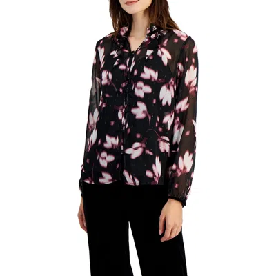 ANNE KLEIN WOMENS FLORAL PRINT POLYESTER BUTTON-DOWN TOP