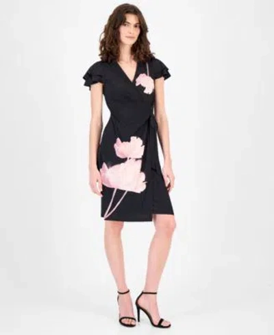 Anne Klein Womens Flutter Sleeve Faux Wrap Dress In Multi