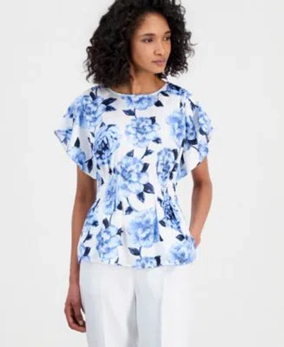 Anne Klein Womens Flutter Sleeve Smocked Waist Floral Top In Blue