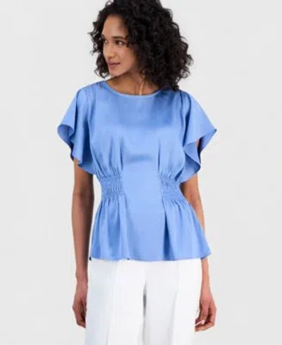 Anne Klein Womens Flutter Sleeve Smocked Waist Top In Blue