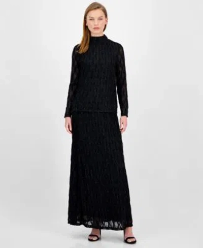 Anne Klein Womens Glitter Long Sleeve Mock Neck Top Glitter Flared Maxi Skirt In Black