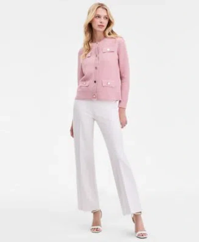 Anne Klein Womens Glitz Lady Crewneck Cardigan Mid Rise Wide Leg Pull On Pants In White