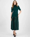 Anne Klein Womens Half Sleeve Turtleneck Sweater Pleated Flared Midi Skirt In Green
