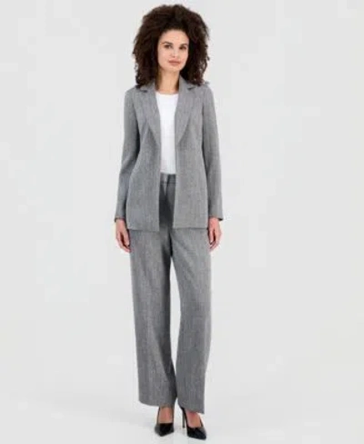 Anne Klein Womens Herringbone Open Front Blazer Herringbone Wide Leg Pants In Gray