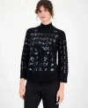 Anne Klein Womens Houndstooth Sequin Mock Neck Sweater P Xxs Xxl In Black