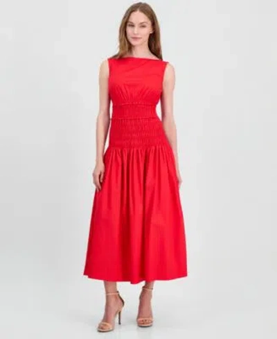 Anne Klein Womens Jewel Neck Smocked Midi Dress In Multi