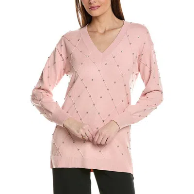 Anne Klein Womens Jeweled Viscose V-neck Sweater In Pink Blush