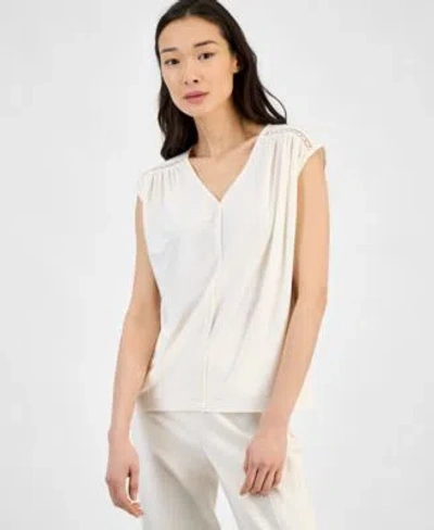 Anne Klein Womens Lace Inset Extended Shoulder V Neck Top Xxs P Xxl In White