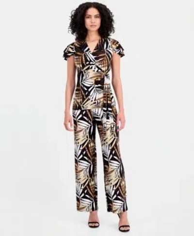 Anne Klein Womens Leo Palm Print Flutter Sleeve Wrap Top Palm Print Pull On Wide Leg Pants In Multi