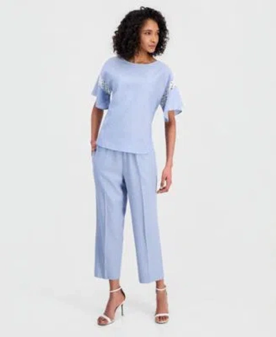 Anne Klein Womens Linen Blend Flutter Sleeve Lace Trim Top Drawstring Pants In Lagoon,crisp White