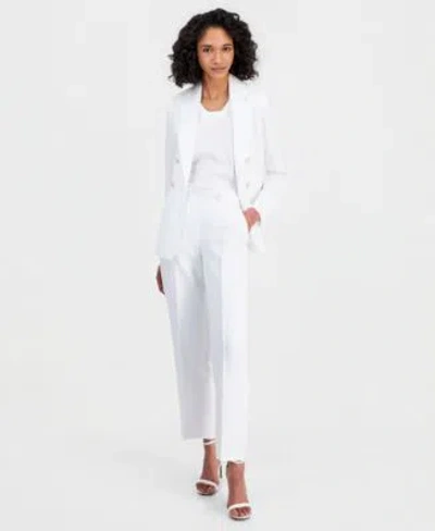 Anne Klein Womens Linen Blend Notched Collar Open Front Blazer Wide Leg Pants In White