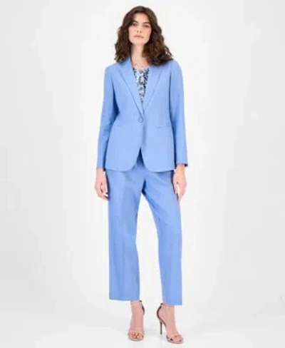 Anne Klein Womens Linen Blend One Button Blazer Asymmetric Pleated Top Ankle Pants In Blue