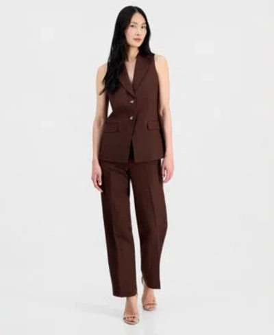 Anne Klein Womens Linen Blend Two Button Vest Pull On Pants In Brown