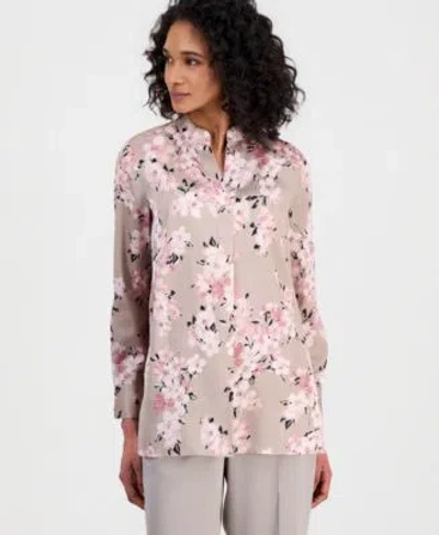 Anne Klein Womens Long Sleeve Floral Popover Blouse In Multi