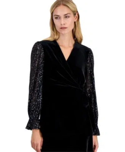 Anne Klein Womens Long Sleeve Ruffle Cuff Wrap Blouse In Black