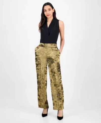 Anne Klein Womens Metallic Crepe High Rise Wide Leg Pants P Xxs 3x In Multi