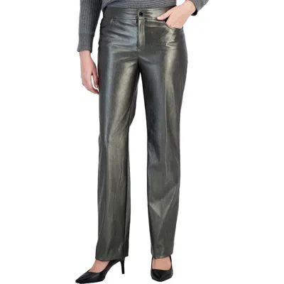 Anne Klein Womens Metallic Faux Leather Bootcut Pants In Gunmetal