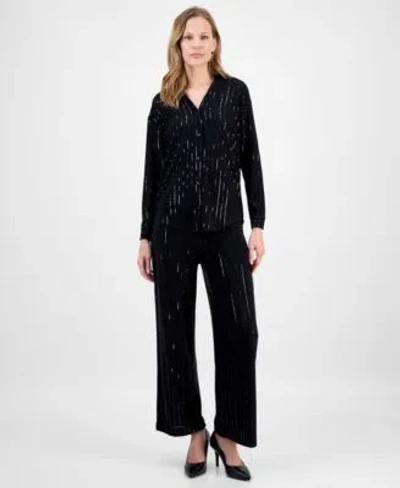 Anne Klein Womens Metallic Stripe Blouse Wide Leg Pants In Black